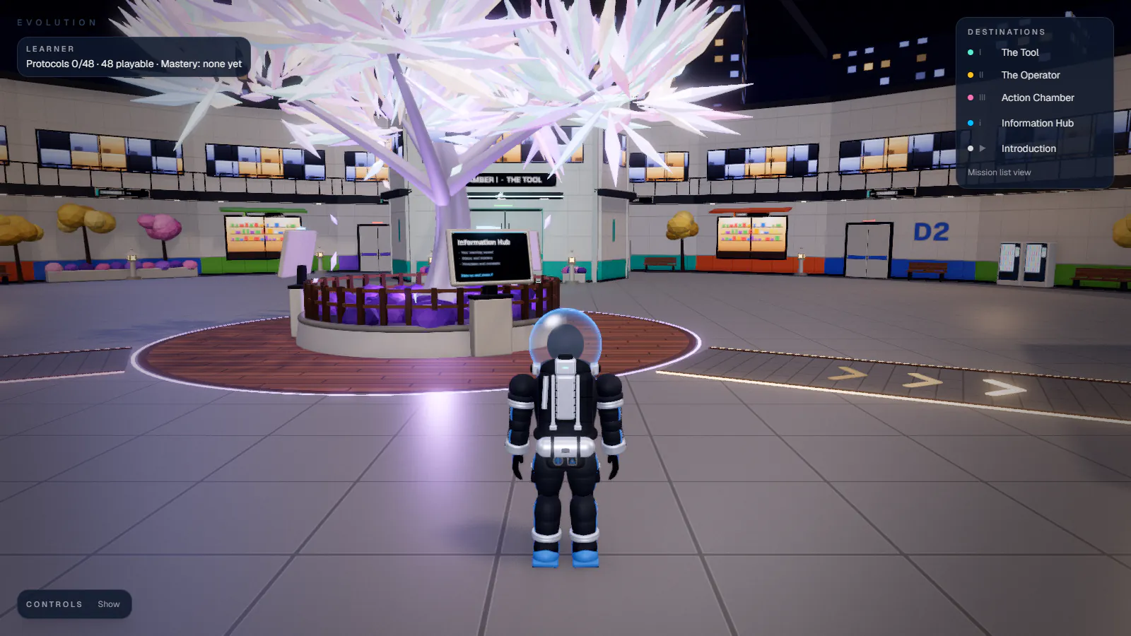 Third-person view of the EVOLUTION hub. A figure in a dark suit with a glass helmet stands on a tiled atrium floor facing a tall crystal tree on a round platform, with an Information Hub screen, chamber doors along the walls and a destinations panel listing The Tool, The Operator, Action Chamber, Information Hub and Introduction.