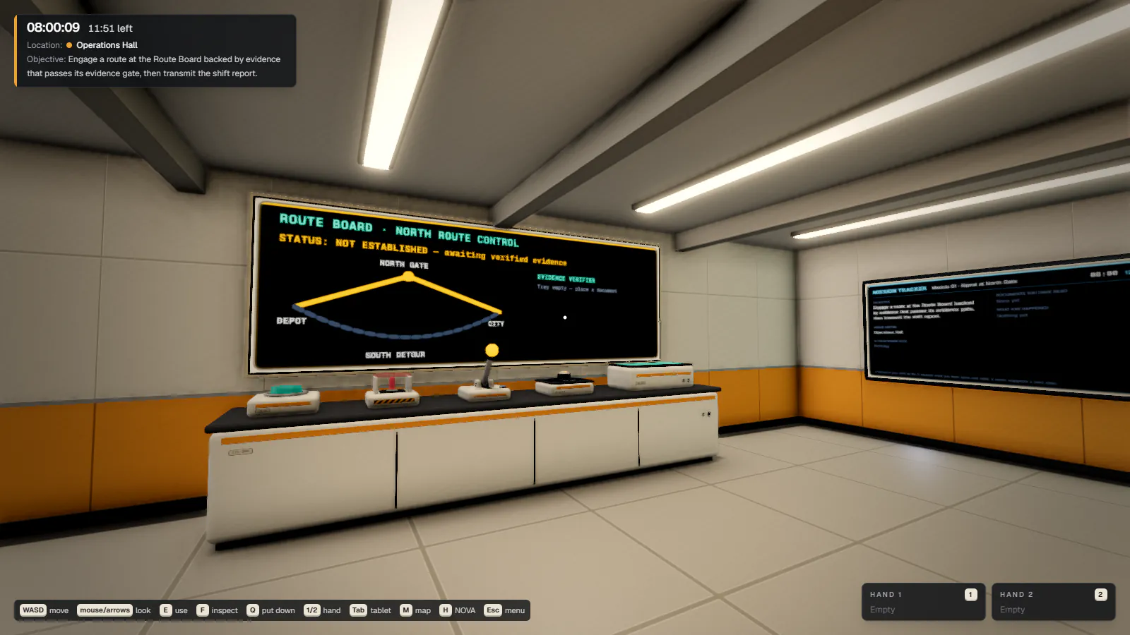 First-person view in the Operations Hall. A wall display reads Route Board, north route control, status not established, awaiting verified evidence, with a route drawing of North Gate, Depot, City and a south detour. Below it is a console of controls, and a Mission Tracker screen hangs on the right wall. The shift clock reads 08:00:09 with 11:51 left.