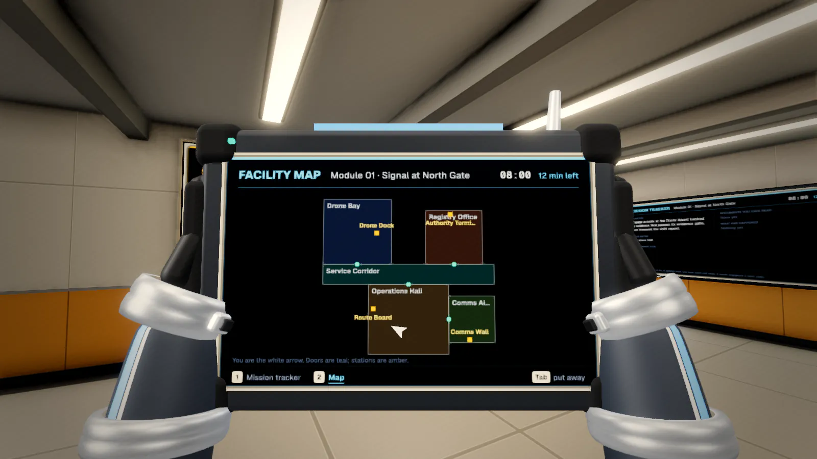 First-person view of gloved hands holding a tablet. Its Facility Map page shows five rooms, Drone Bay, Registry Office, Service Corridor, Operations Hall and Comms Alcove, with amber station markers, teal doors and a white arrow for the player.